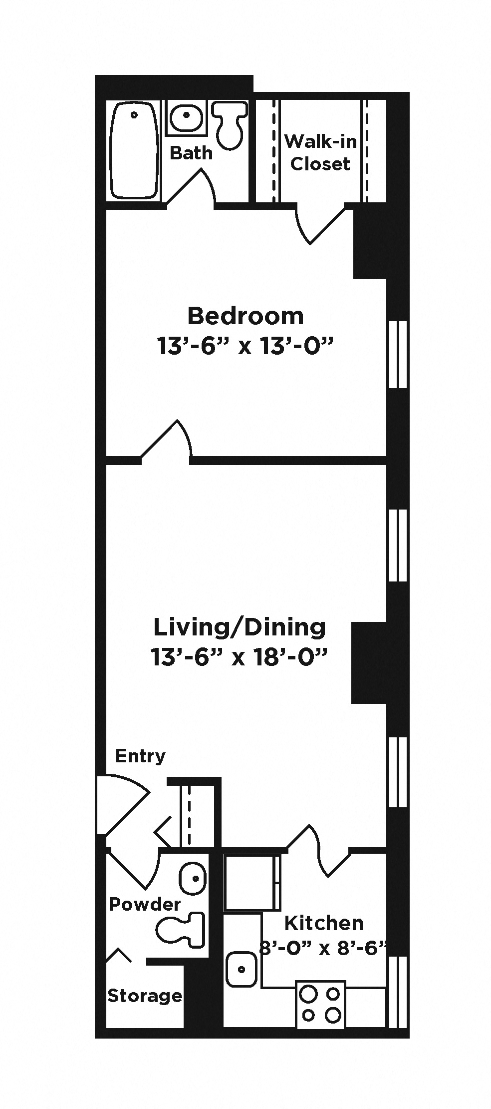 Floor plan for 1 bed, 1.5 baths, 654 sqft